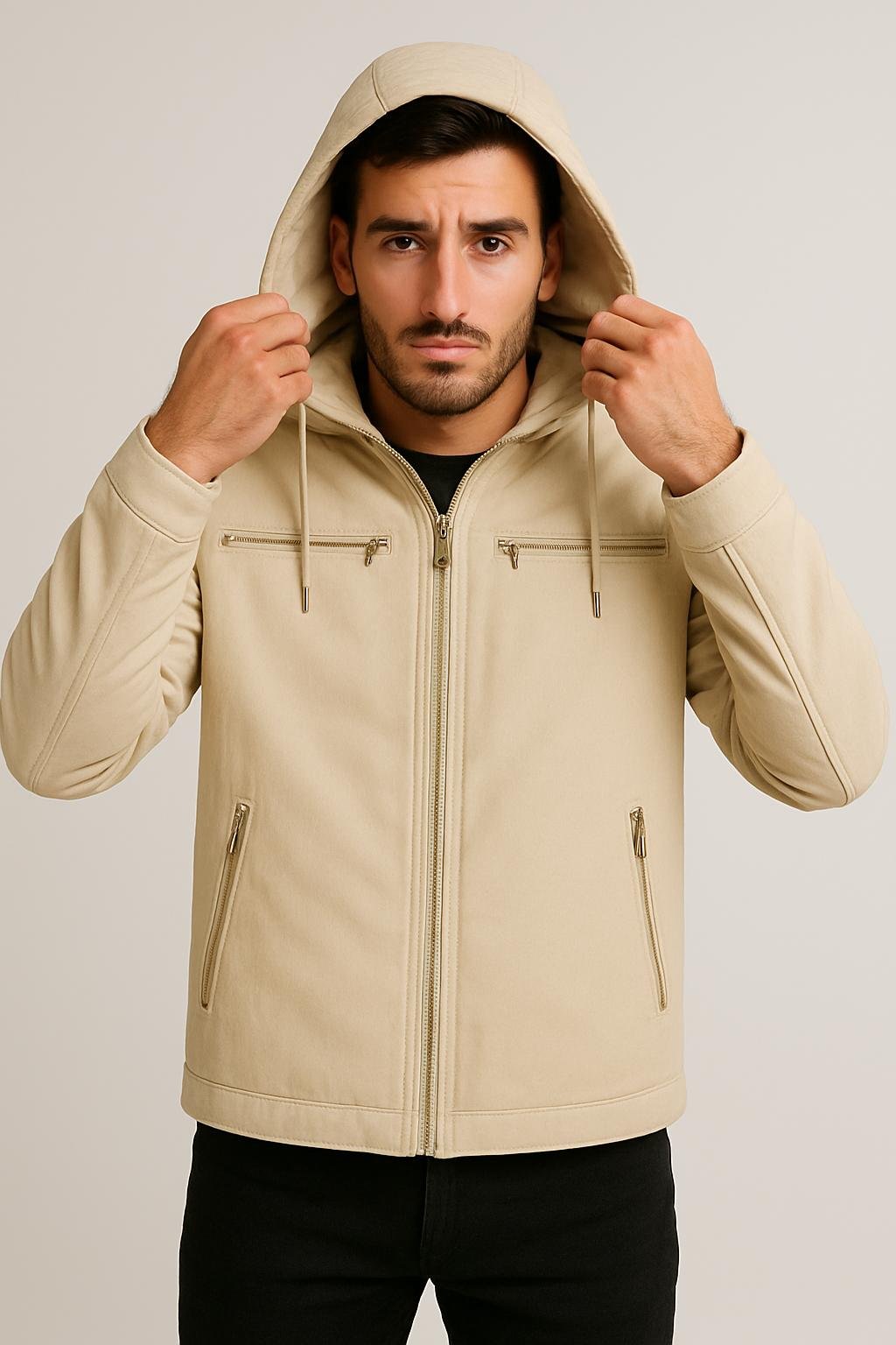 Jaqueta Sarja Masculina Com Capuz Removível Forrado