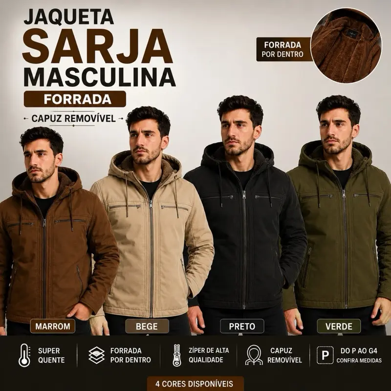 Jaqueta Sarja Masculina Com Capuz Removível Forrado