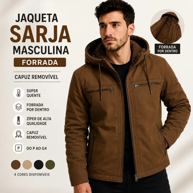Jaqueta Sarja Masculina Com Capuz Removível Forrado