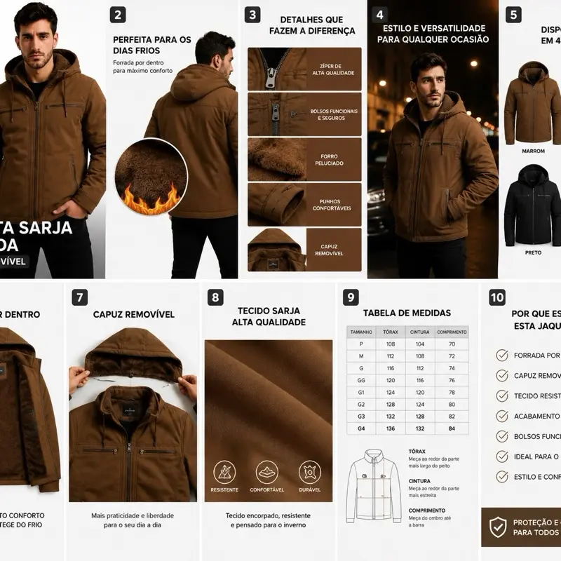 Jaqueta Sarja Masculina Com Capuz Removível Forrado