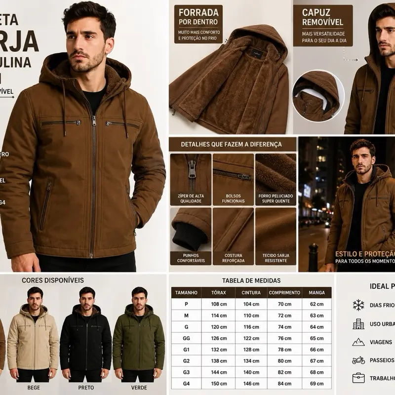 Jaqueta Sarja Masculina Com Capuz Removível Forrado