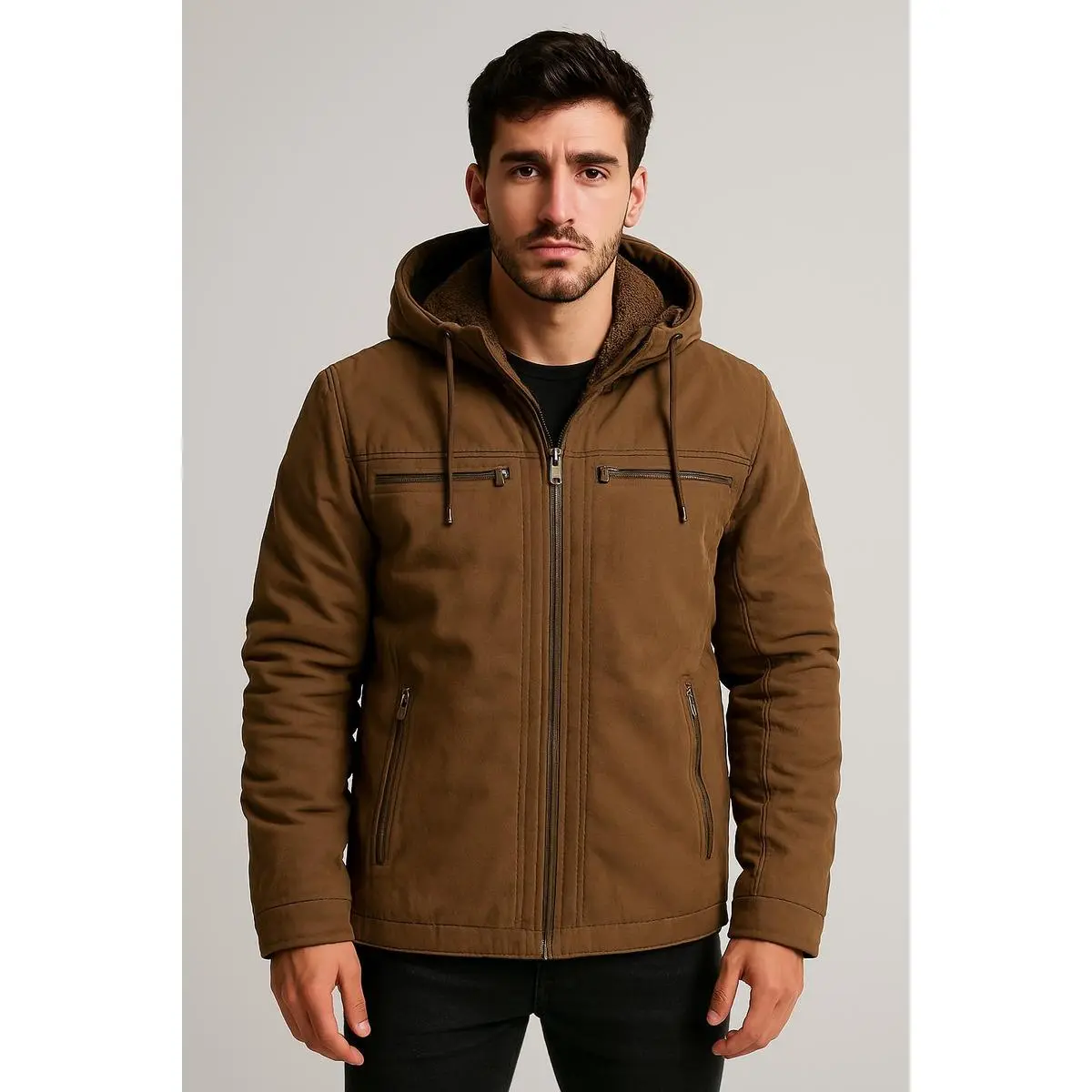 Jaqueta Sarja Masculina Com Capuz Removível Forrado